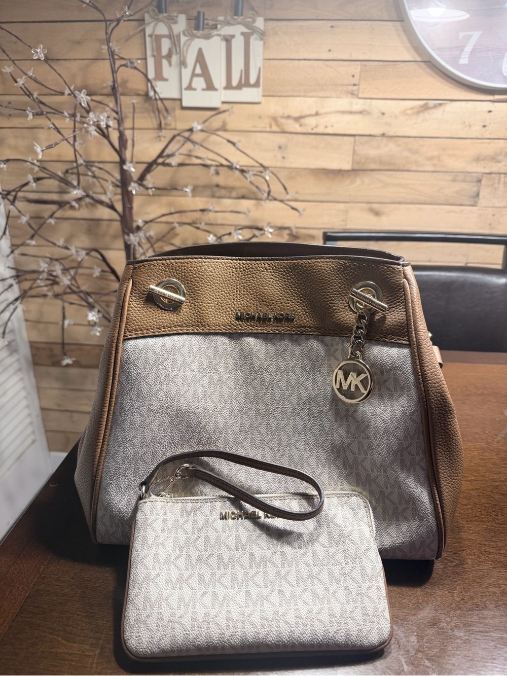 Michael Kors Brown and Vanilla Logo Tote with Matching Wristlet Great Condition